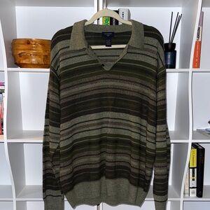 Dockers Men's V-Neck Striped Sweater - Olive and Brown